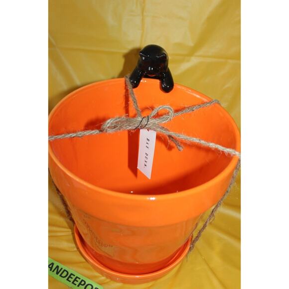 Rae Dunn Nine Lives Large Orange Ceramic Planter Pot With Black Cat Halloween - Picture 7 of 8